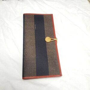 RARE Vtg FENDI Pequin Stripe Clasp Wallet Cognac